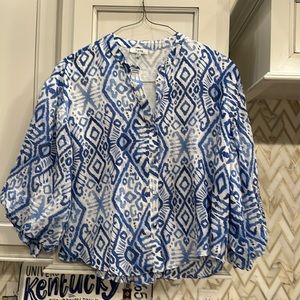 Flow blue and white three-quarter length sleeve blouse